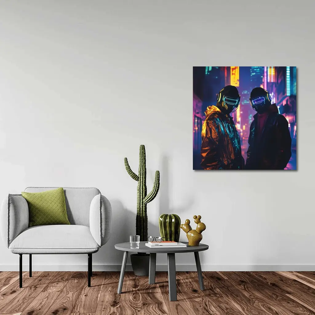 Two Cyberpunk Figures Neon City Night – Wall Art