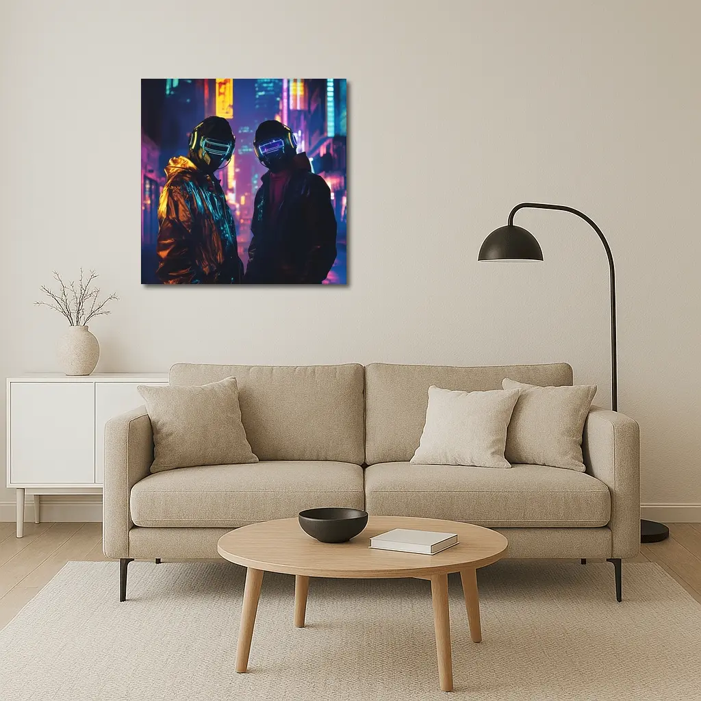 Two Cyberpunk Figures Neon City Night – Wall Art