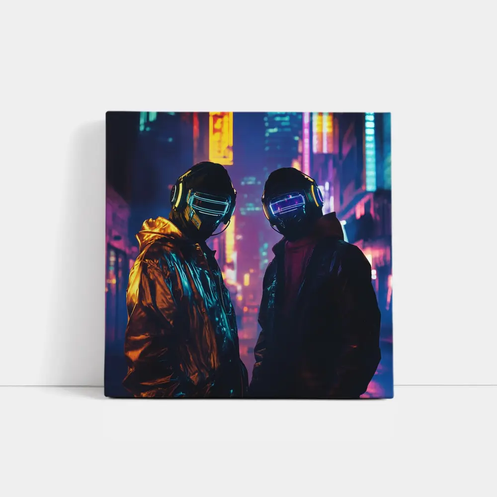 Two Cyberpunk Figures Neon City Night – Wall Art