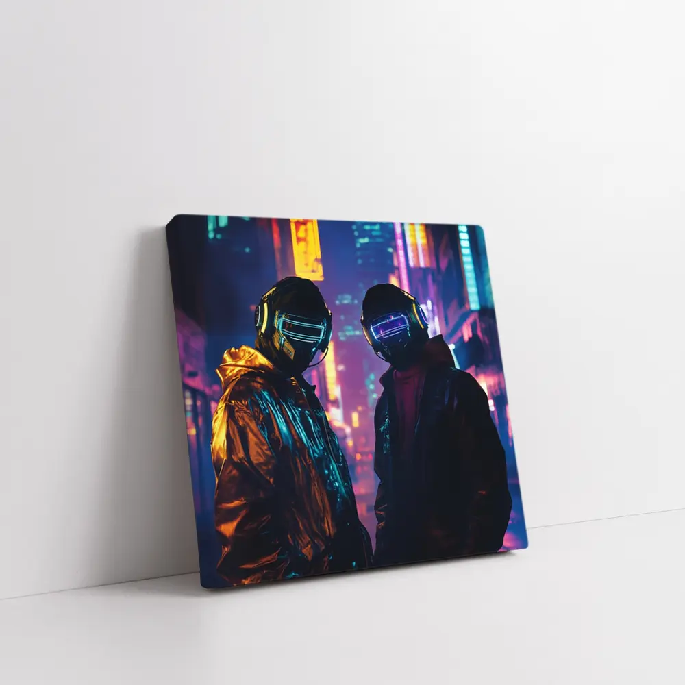 Two Cyberpunk Figures Neon City Night – Wall Art