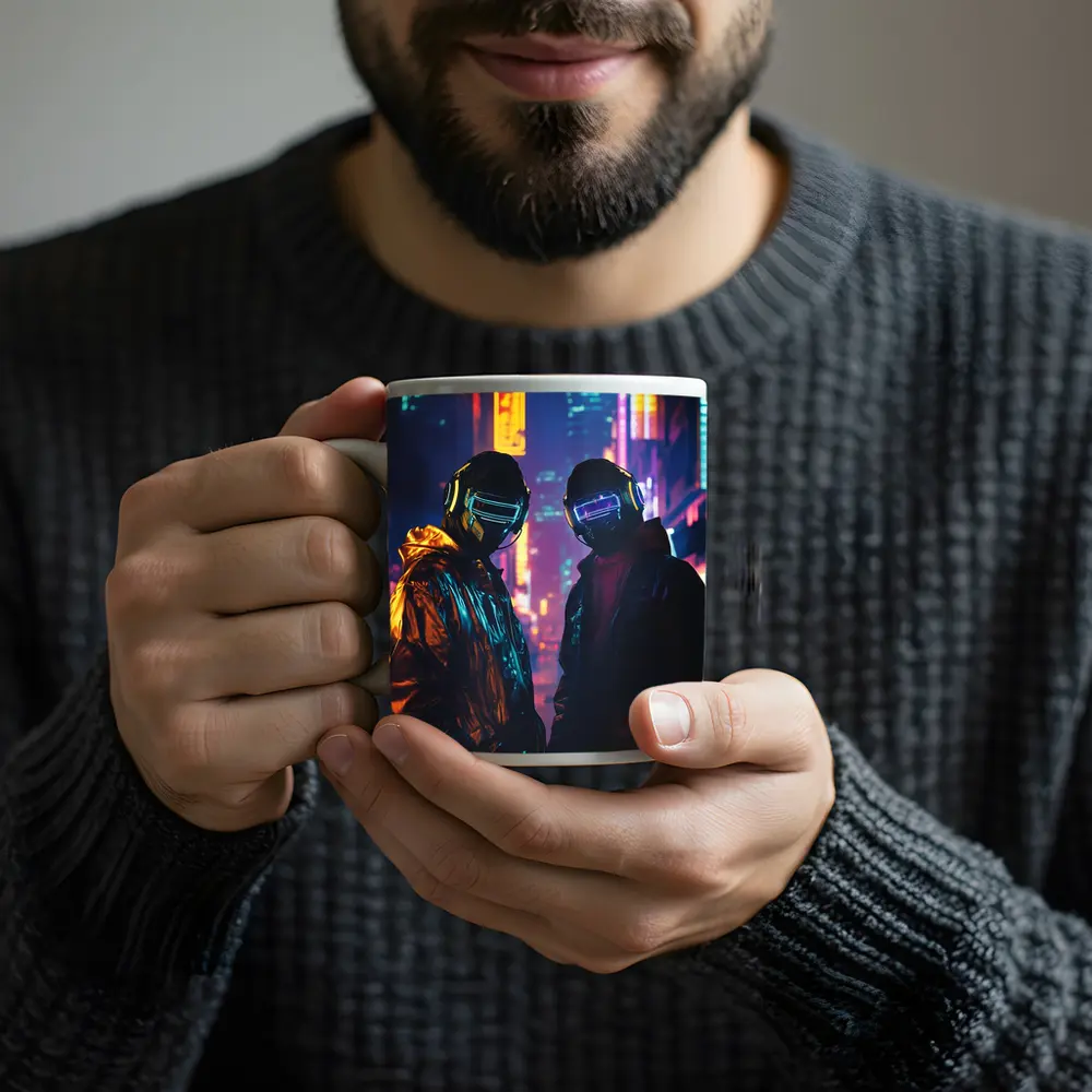 Two Cyberpunk Figures Neon City Night – Mugs