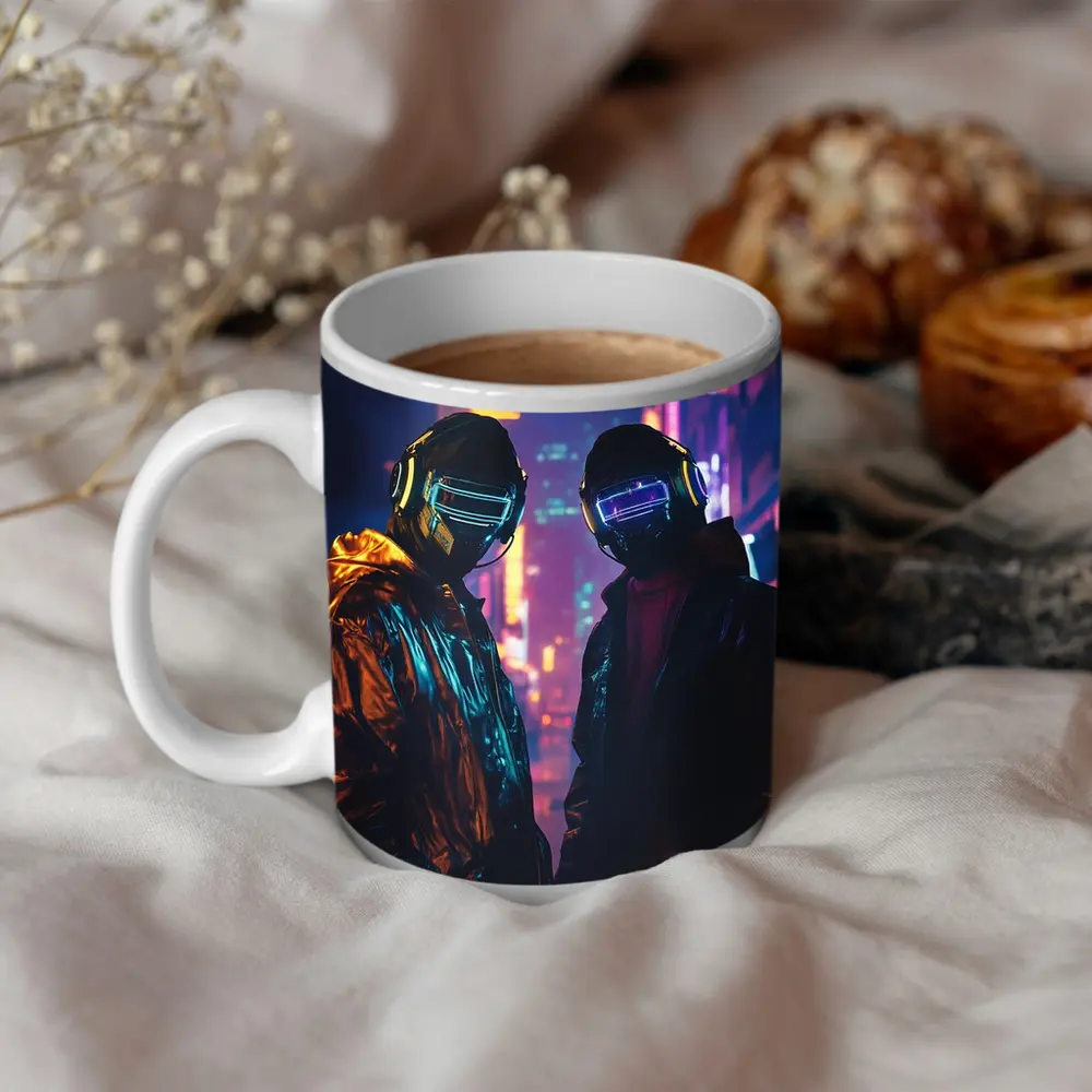 Two Cyberpunk Figures Neon City Night – Mugs
