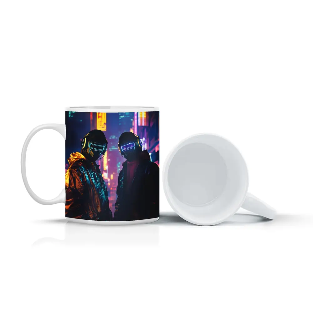 Two Cyberpunk Figures Neon City Night – Mugs
