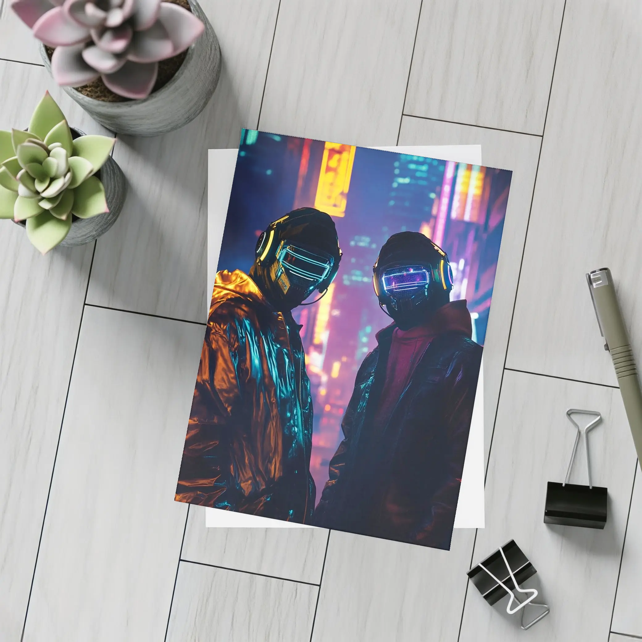 Two Cyberpunk Figures Neon City Night – Postcards