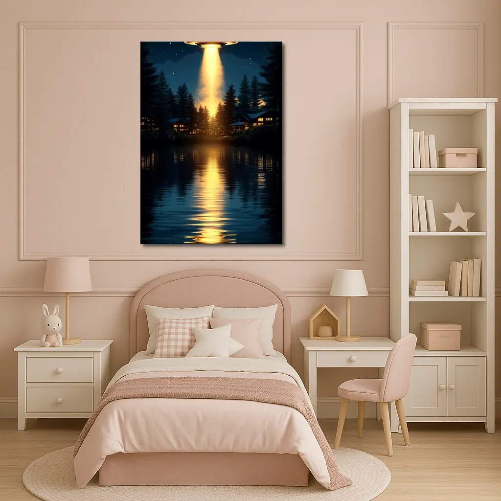 UFO Abduction Beam Over Night Lake – Wall Art