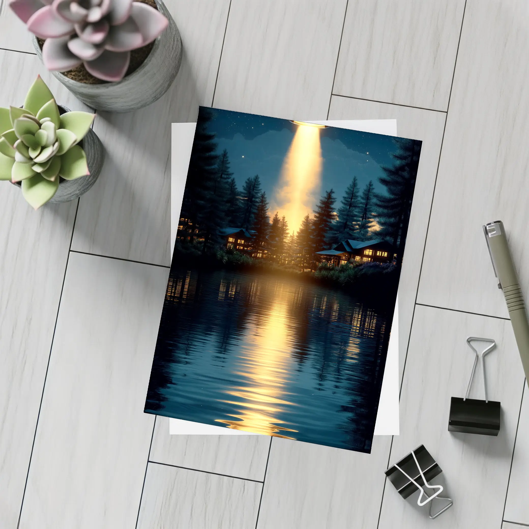 UFO Abduction Beam Over Night Lake – Postcards