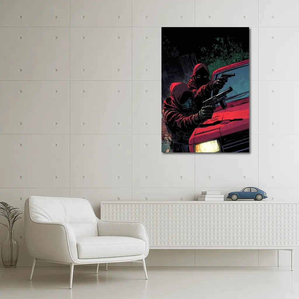 Masked Gunman Red Car Comic Art – Wall Art