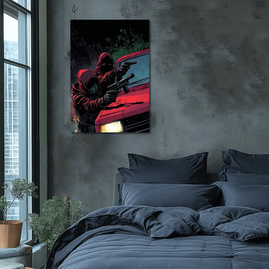 Masked Gunman Red Car Comic Art – Wall Art
