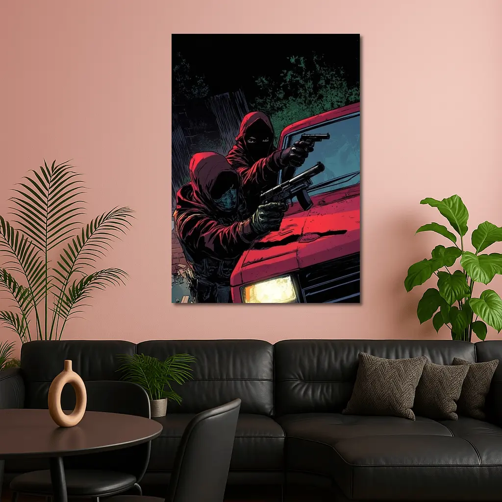 Masked Gunman Red Car Comic Art – Wall Art