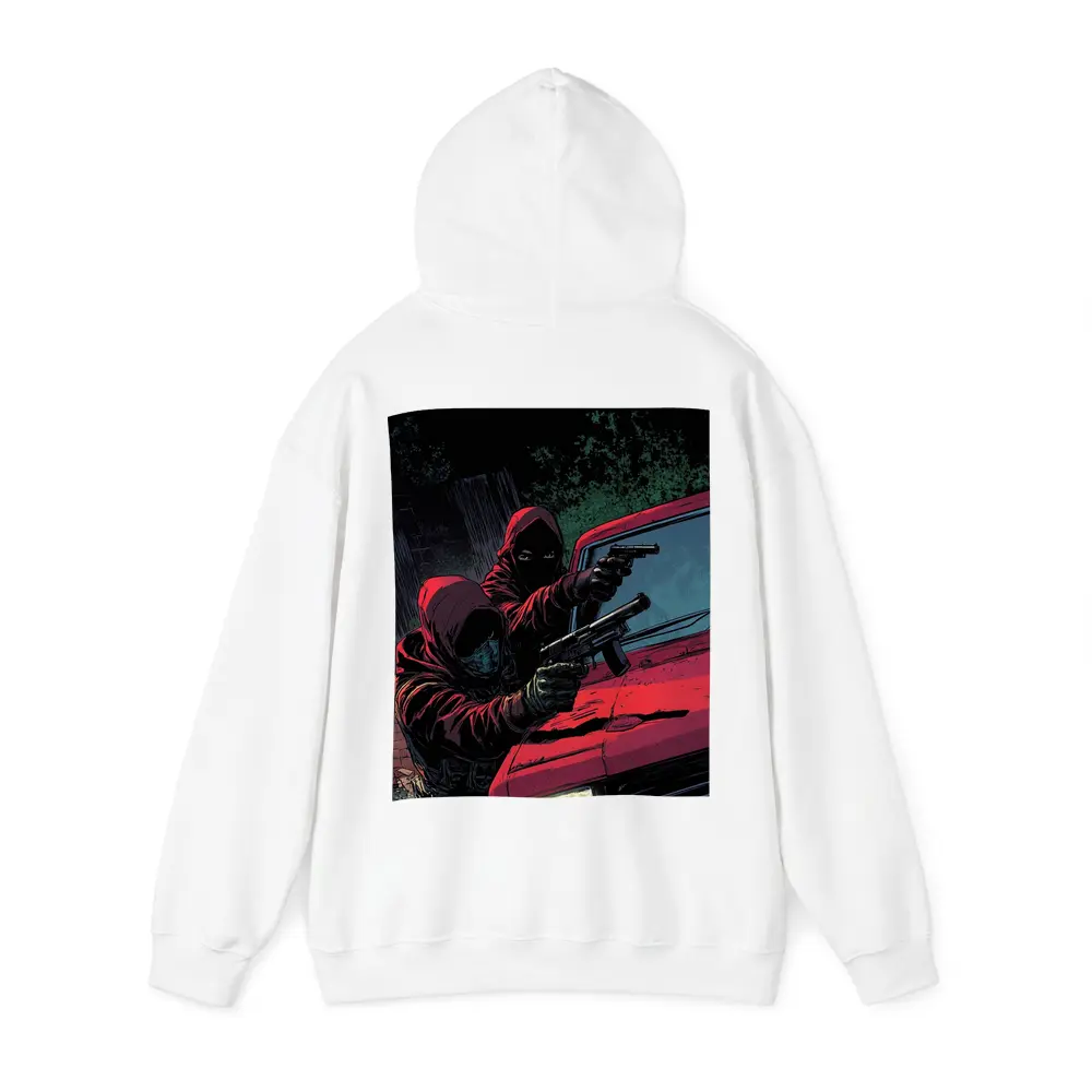 Masked Gunman Red Car Comic Art – Hoodies