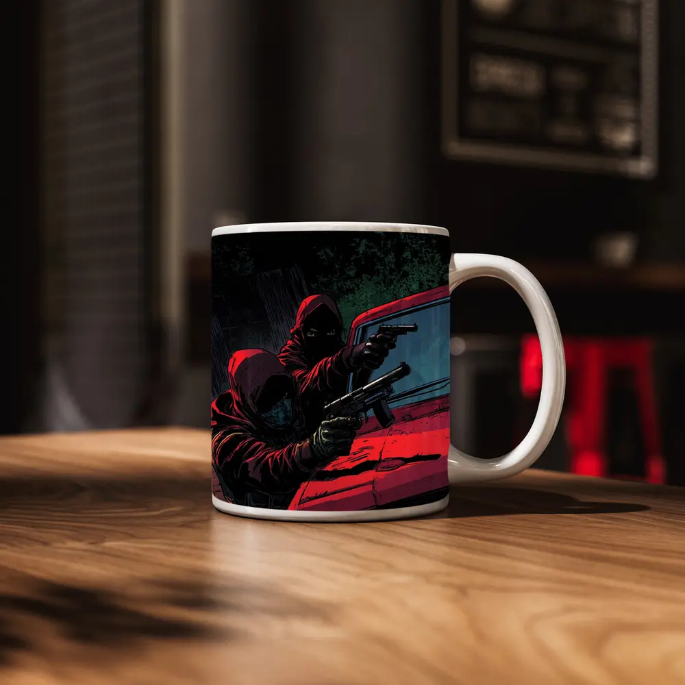 Masked Gunman Red Car Comic Art – Mugs
