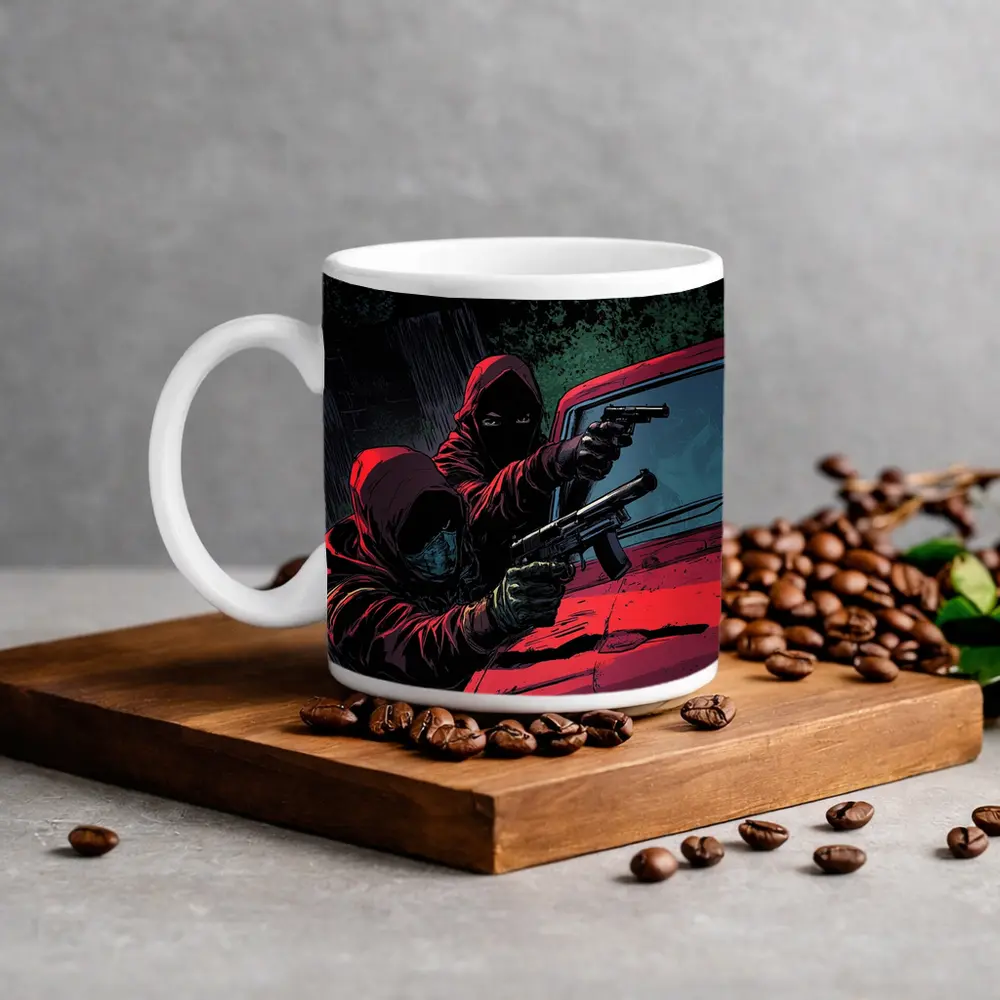 Masked Gunman Red Car Comic Art – Mugs