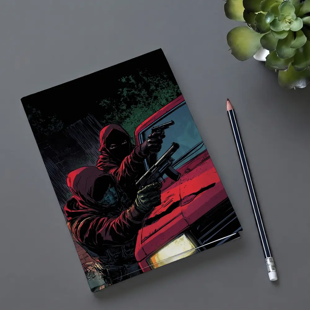 Masked Gunman Red Car Comic Art – Notebooks