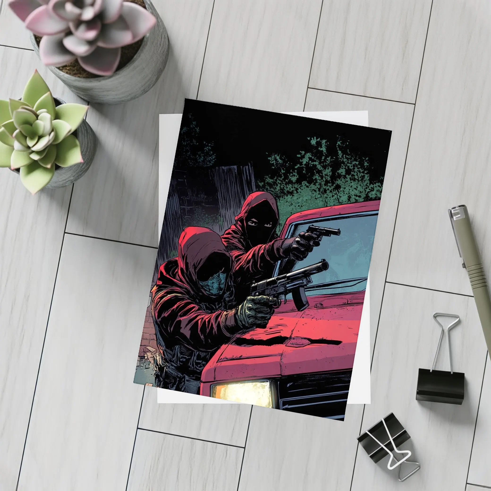 Masked Gunman Red Car Comic Art – Postcards