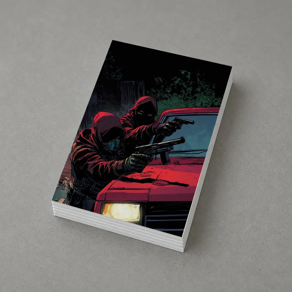 Masked Gunman Red Car Comic Art – Postcards