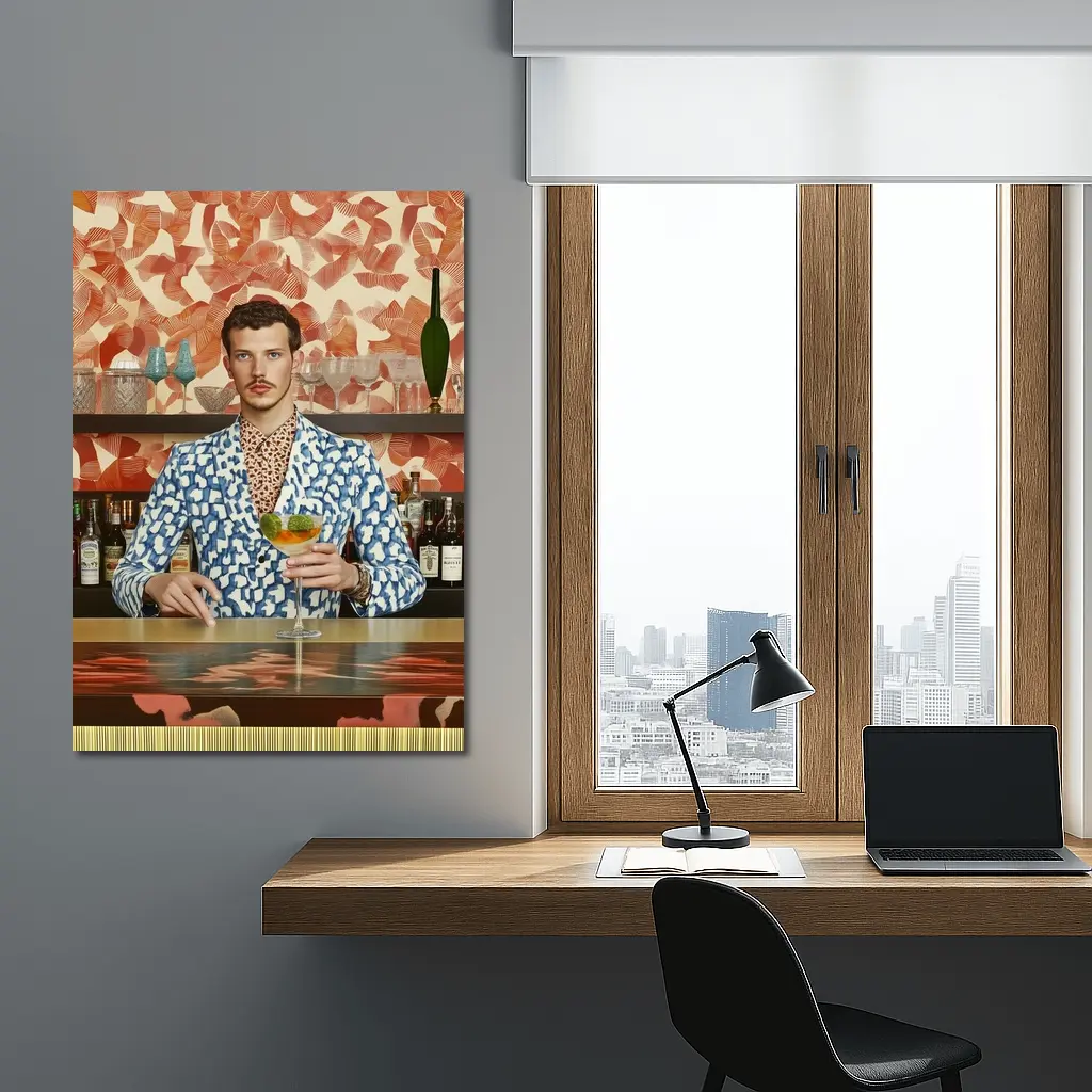 Stylish Man at Retro Bar Counter – Wall Art