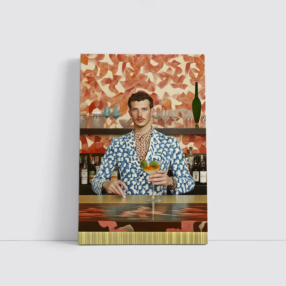 Stylish Man at Retro Bar Counter – Wall Art