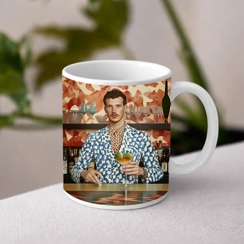 Stylish Man at Retro Bar Counter – Mugs