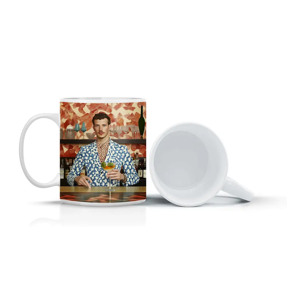 Stylish Man at Retro Bar Counter – Mugs