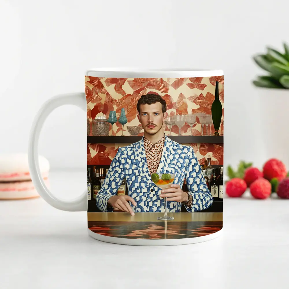 Stylish Man at Retro Bar Counter – Mugs