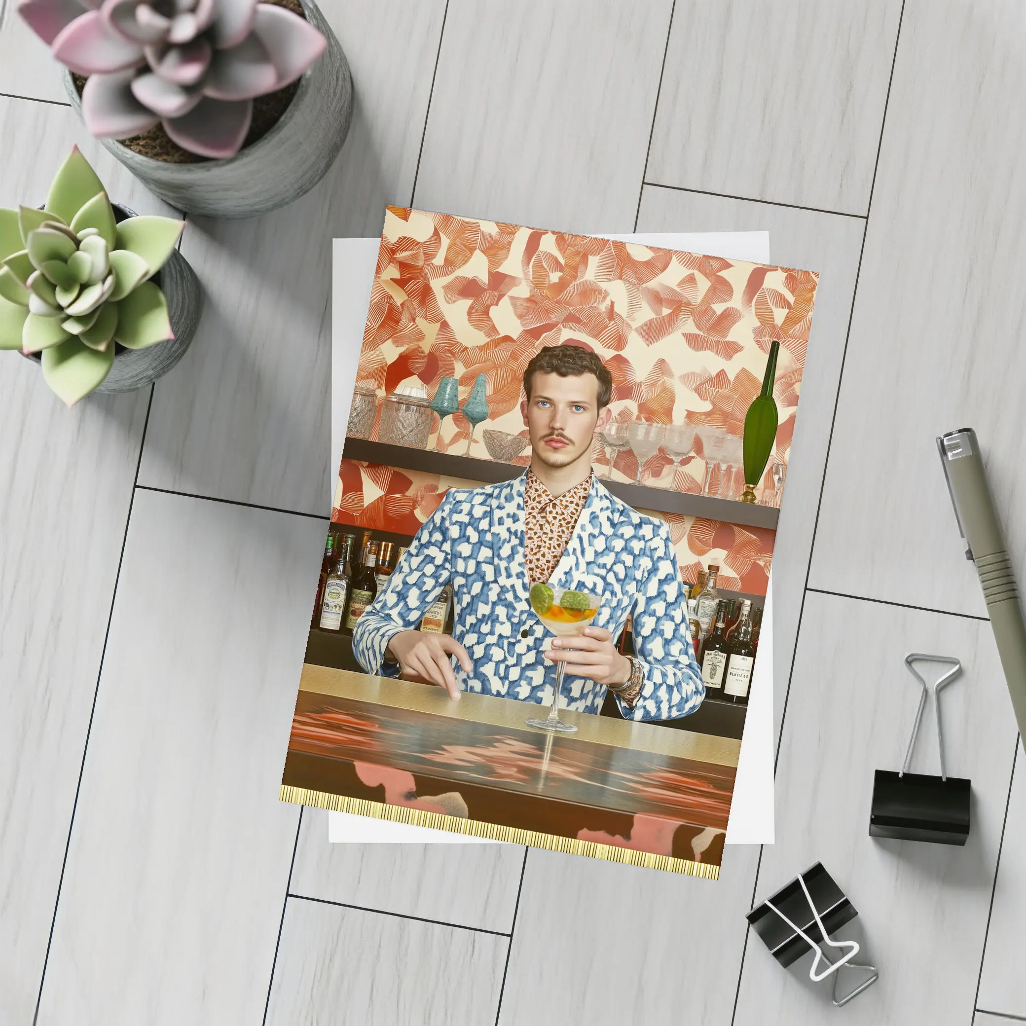 Stylish Man at Retro Bar Counter – Postcards