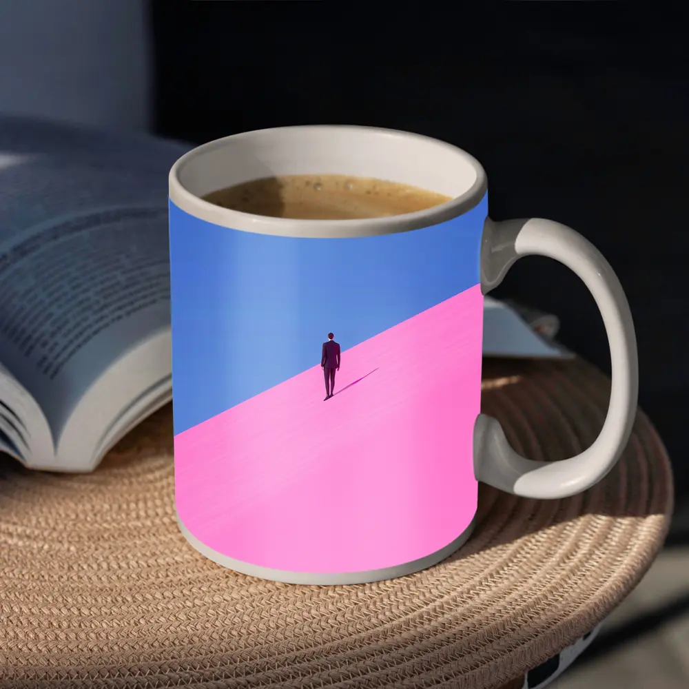 Man in Suit Climbing Pink Sand Dune – Mugs