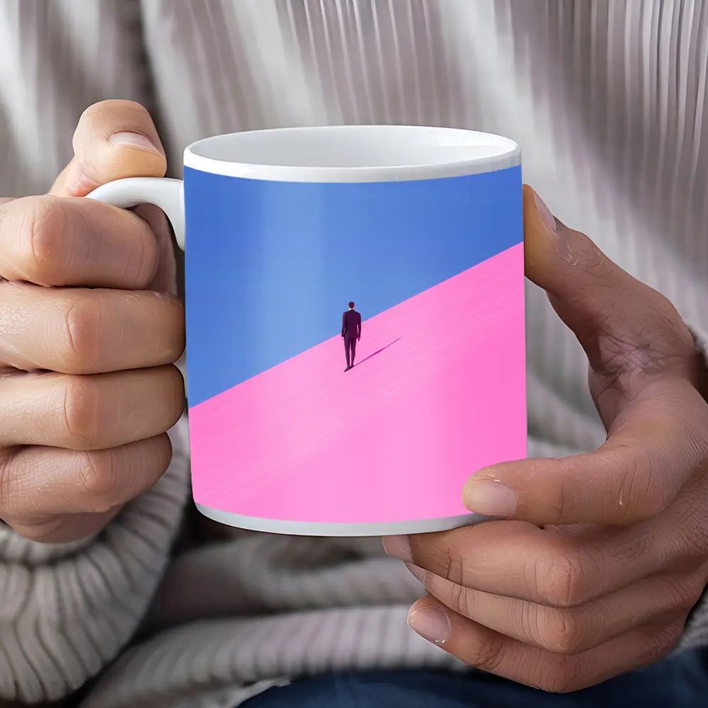Man in Suit Climbing Pink Sand Dune – Mugs