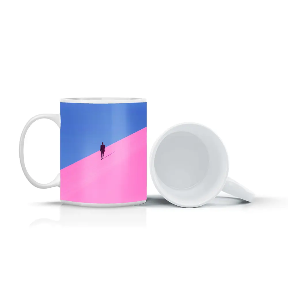 Man in Suit Climbing Pink Sand Dune – Mugs