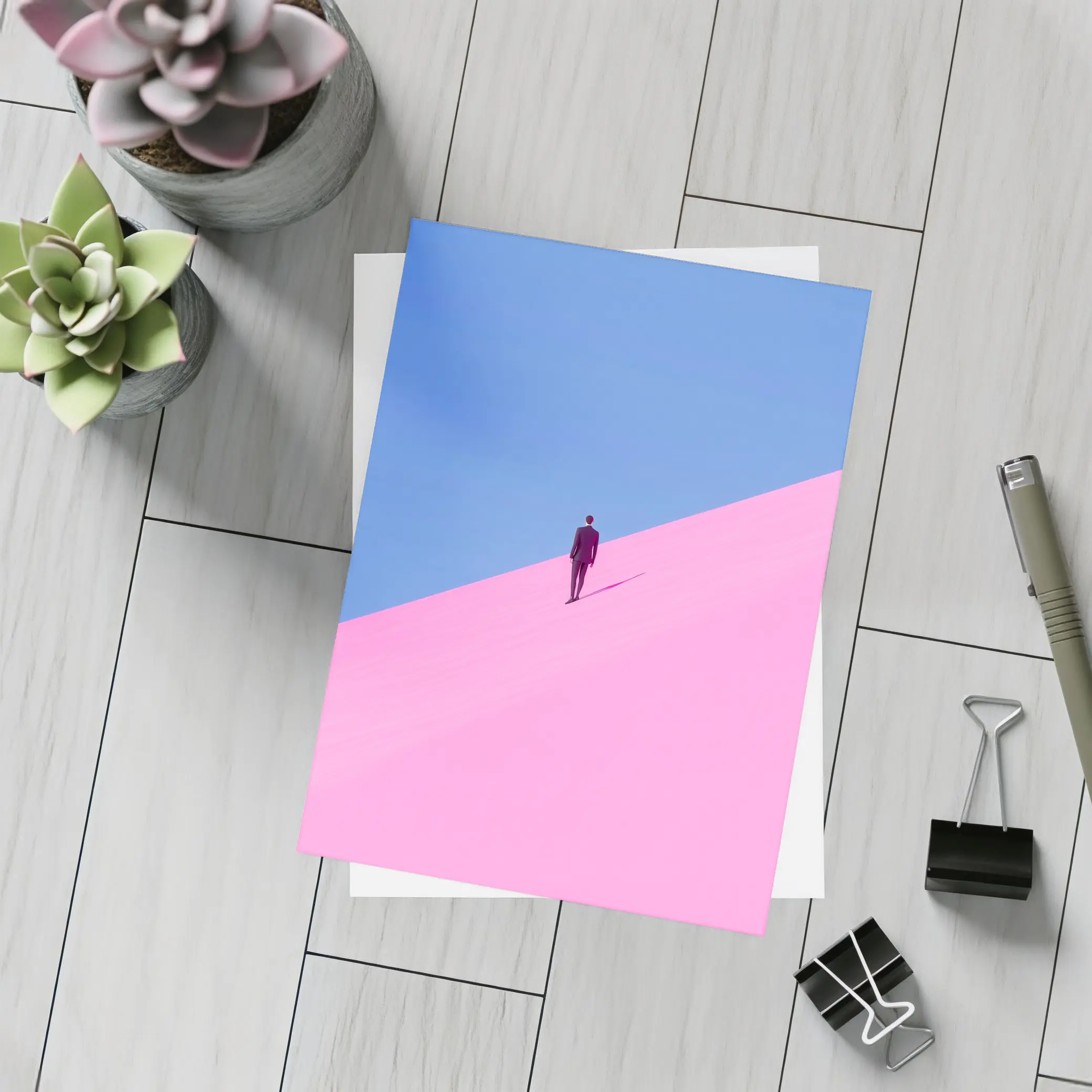 Man in Suit Climbing Pink Sand Dune – Postcards
