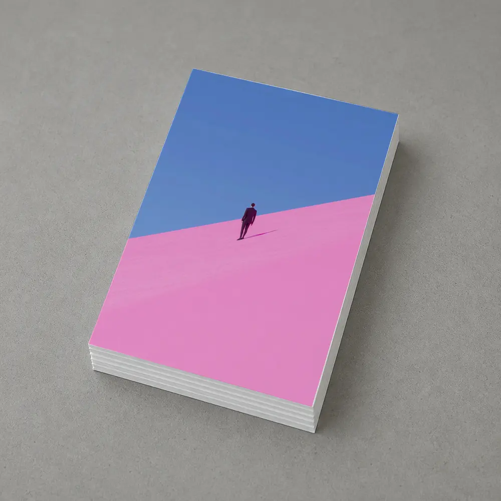 Man in Suit Climbing Pink Sand Dune – Postcards