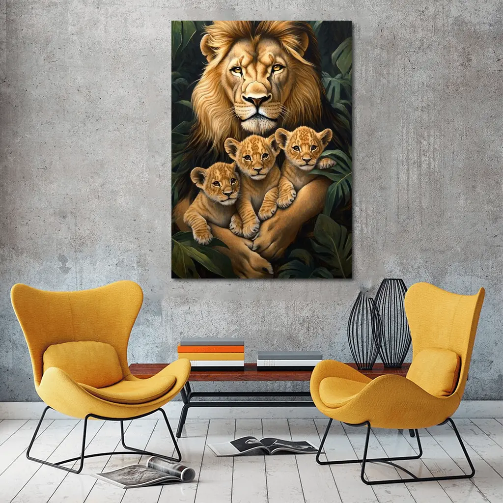 Lion Father Holding Three Cubs Jungle – Wall Art