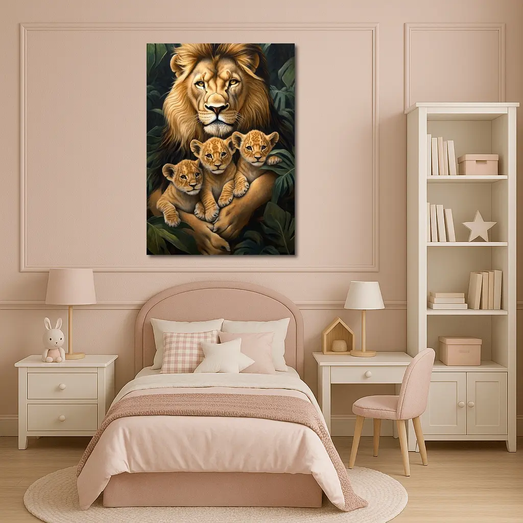 Lion Father Holding Three Cubs Jungle – Wall Art