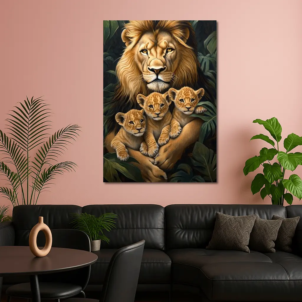 Lion Father Holding Three Cubs Jungle – Wall Art