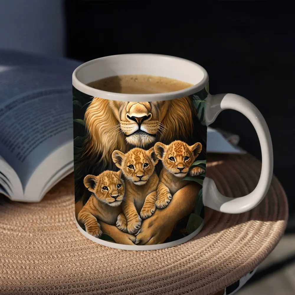Lion Father Holding Three Cubs Jungle – Mugs