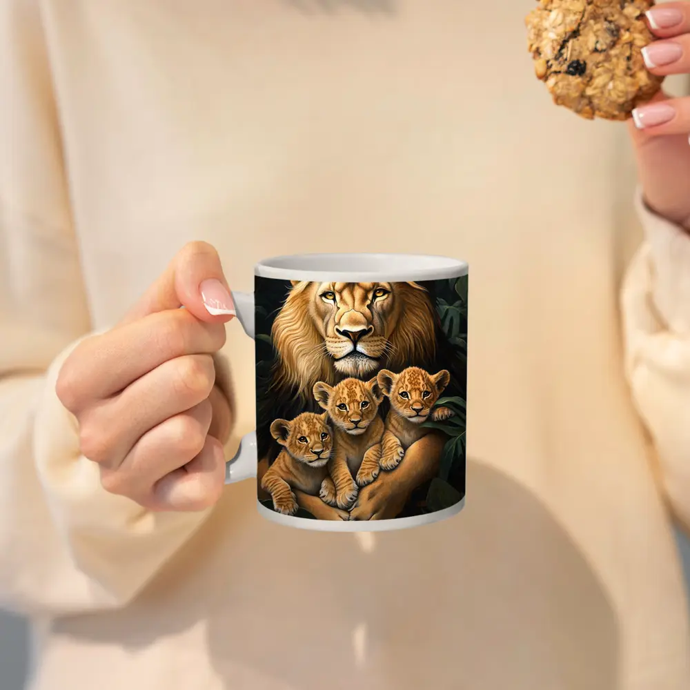 Lion Father Holding Three Cubs Jungle – Mugs