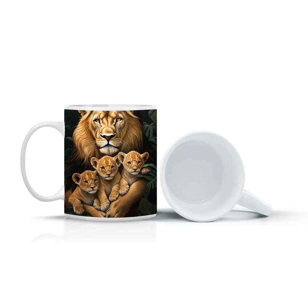 Lion Father Holding Three Cubs Jungle – Mugs