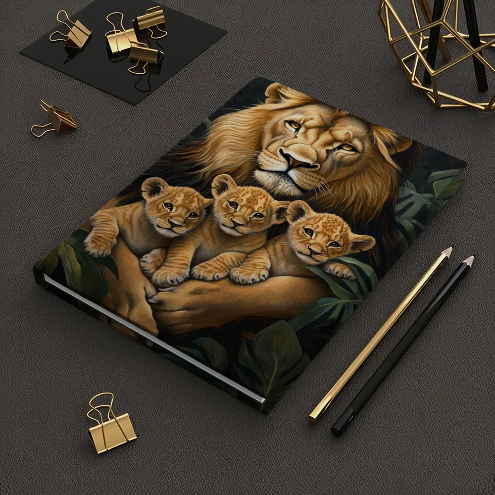 Lion Father Holding Three Cubs Jungle – Notebooks