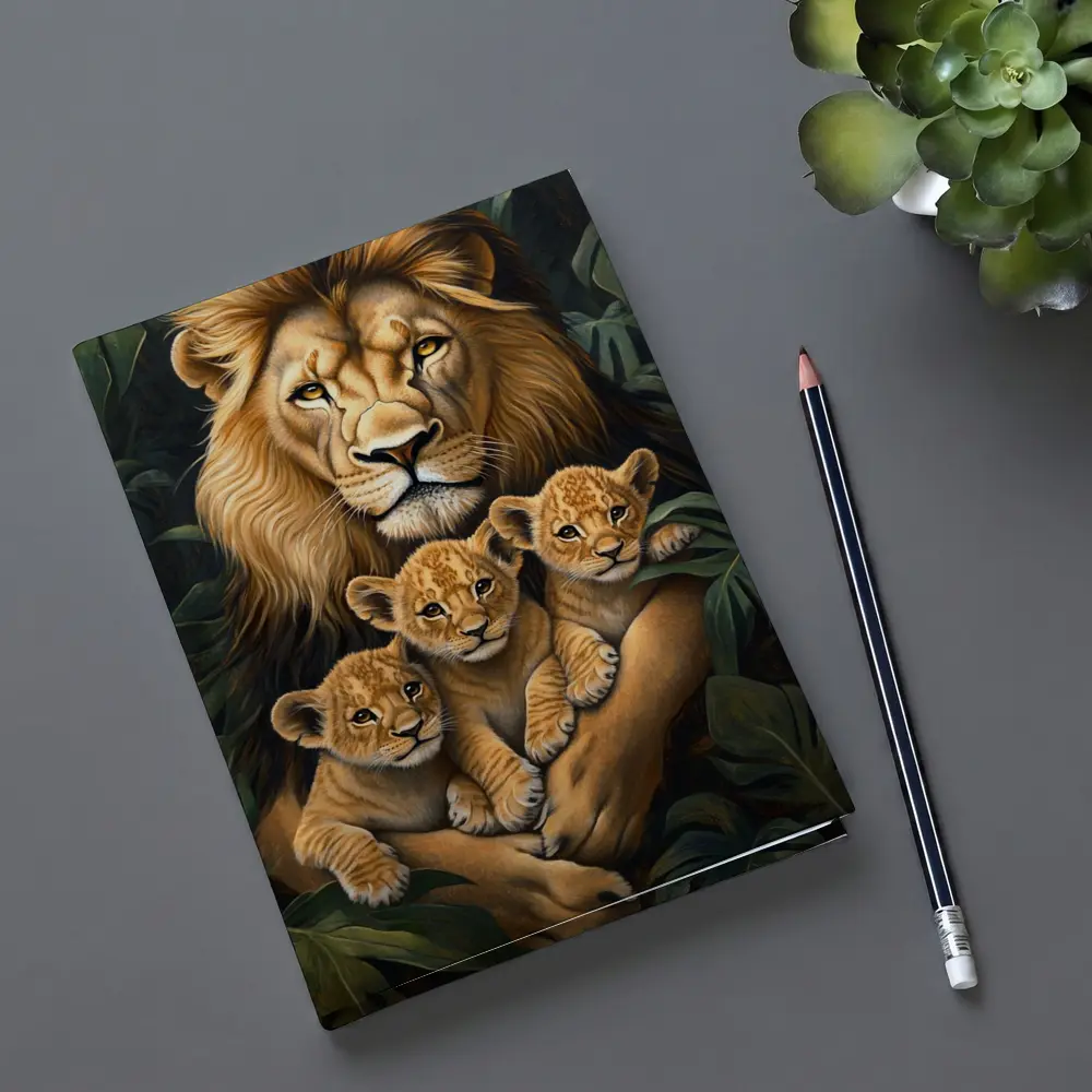 Lion Father Holding Three Cubs Jungle – Notebooks