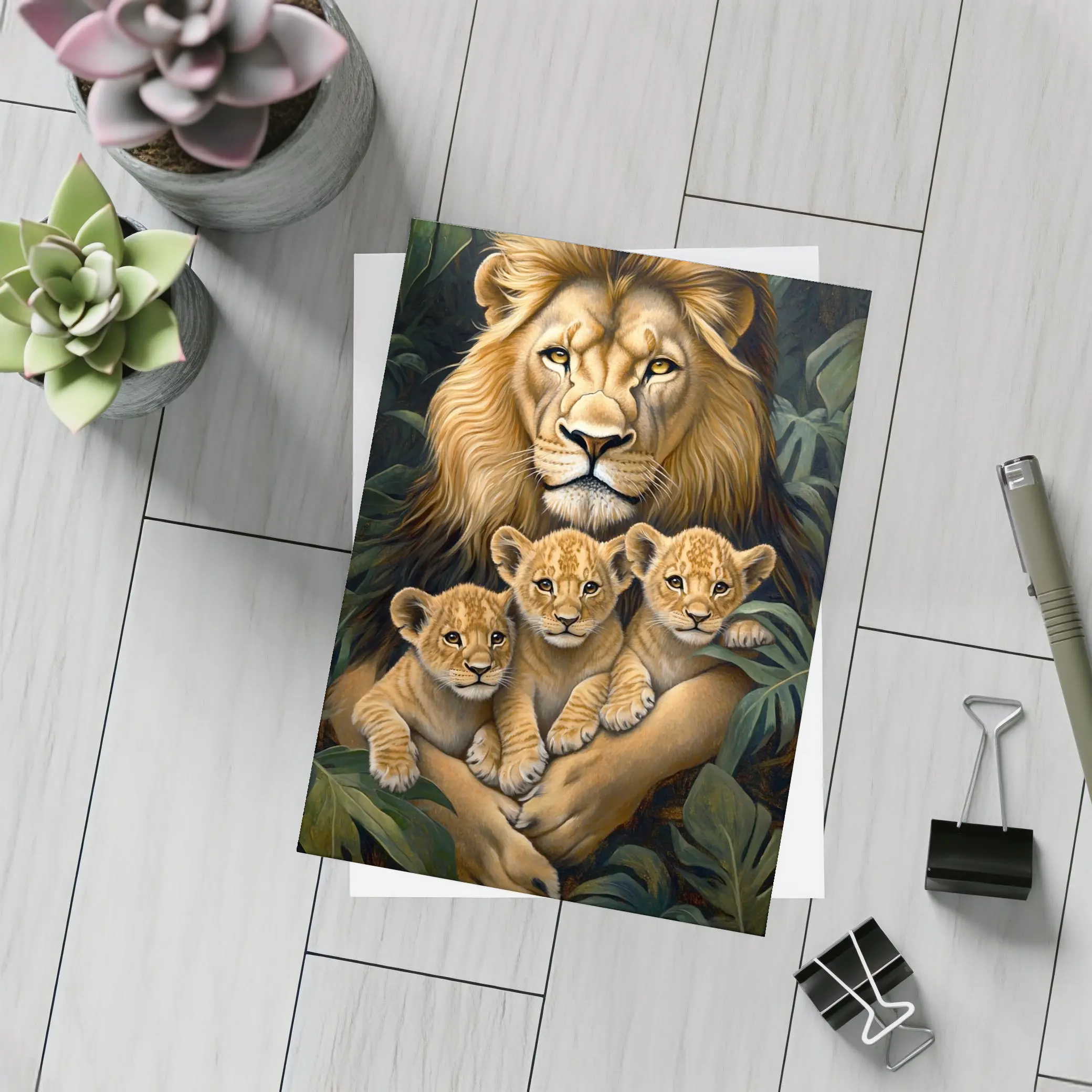 Lion Father Holding Three Cubs Jungle – Postcards