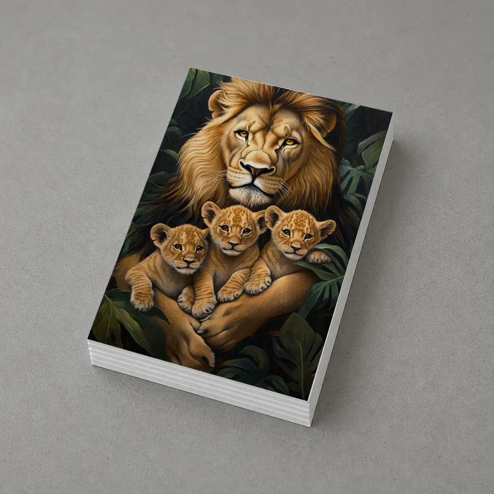 Lion Father Holding Three Cubs Jungle – Postcards