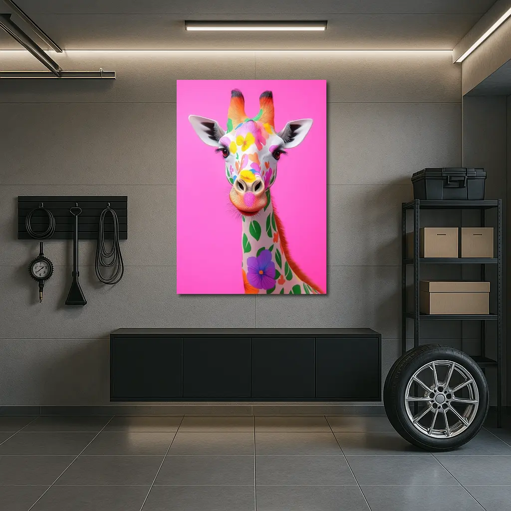 Colorful Floral Giraffe On Pink Background – Wall Art