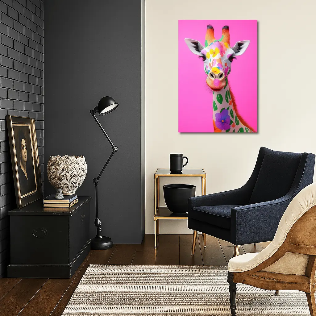 Colorful Floral Giraffe On Pink Background – Wall Art