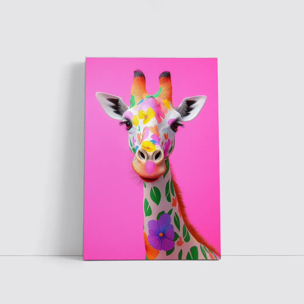 Colorful Floral Giraffe On Pink Background – Wall Art