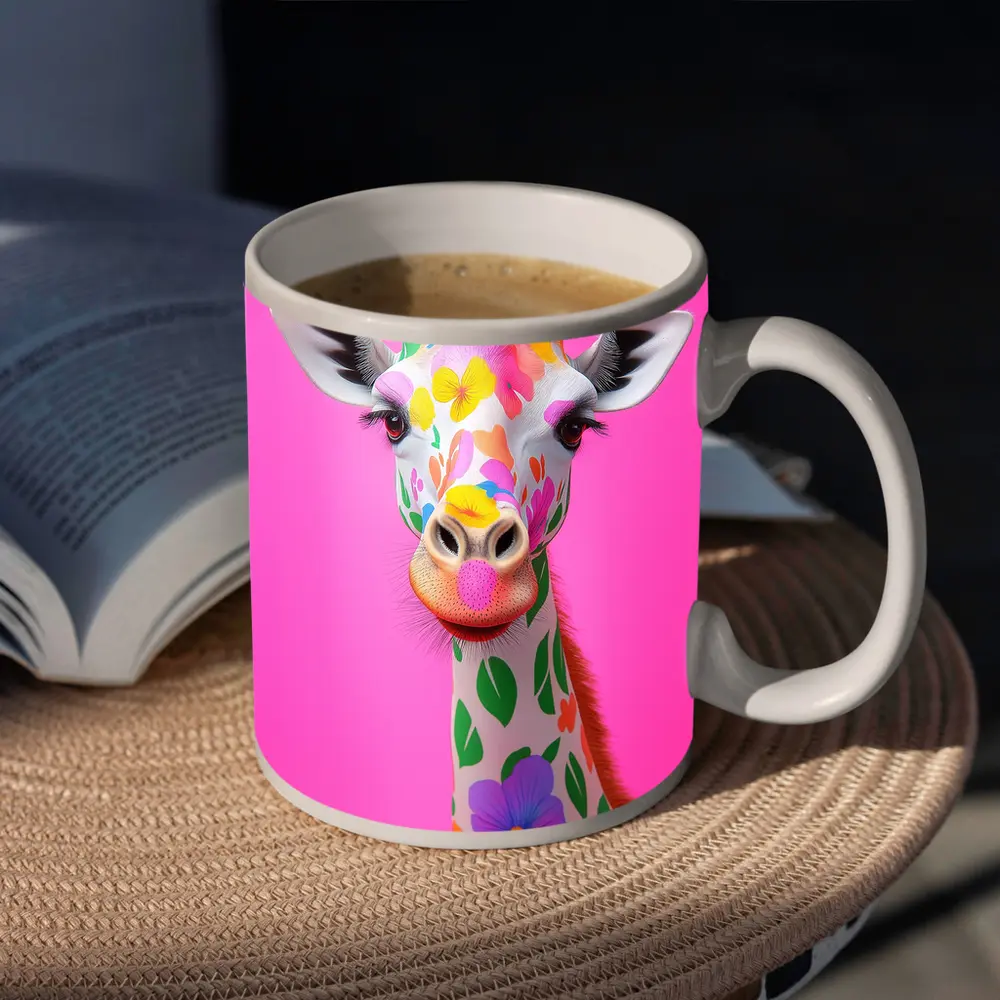 Colorful Floral Giraffe On Pink Background – Mugs