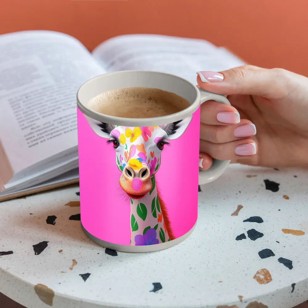 Colorful Floral Giraffe On Pink Background – Mugs