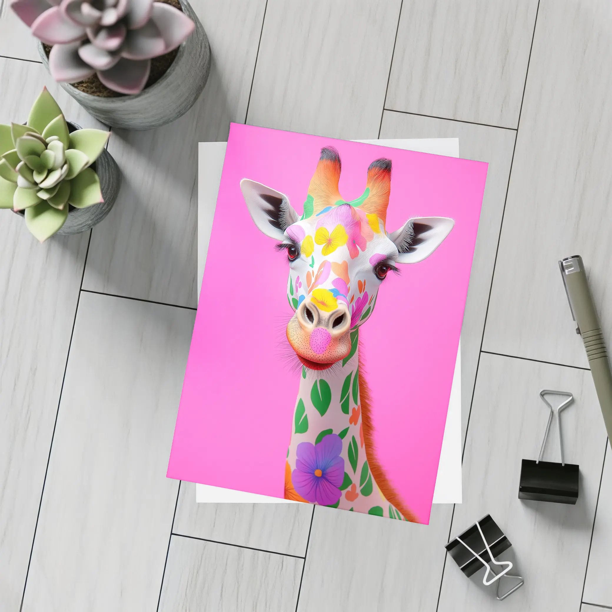 Colorful Floral Giraffe On Pink Background – Postcards