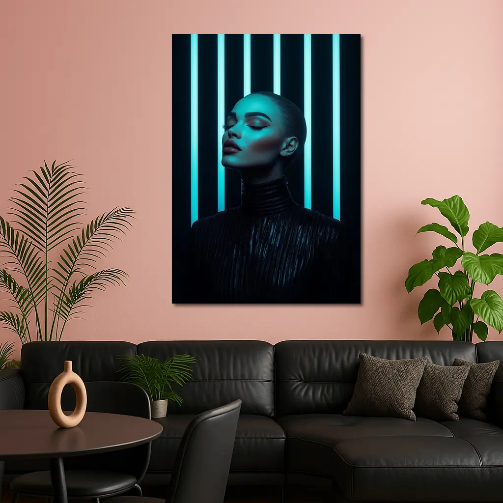 Woman Portrait Teal Neon Lights Dark Background – Wall Art
