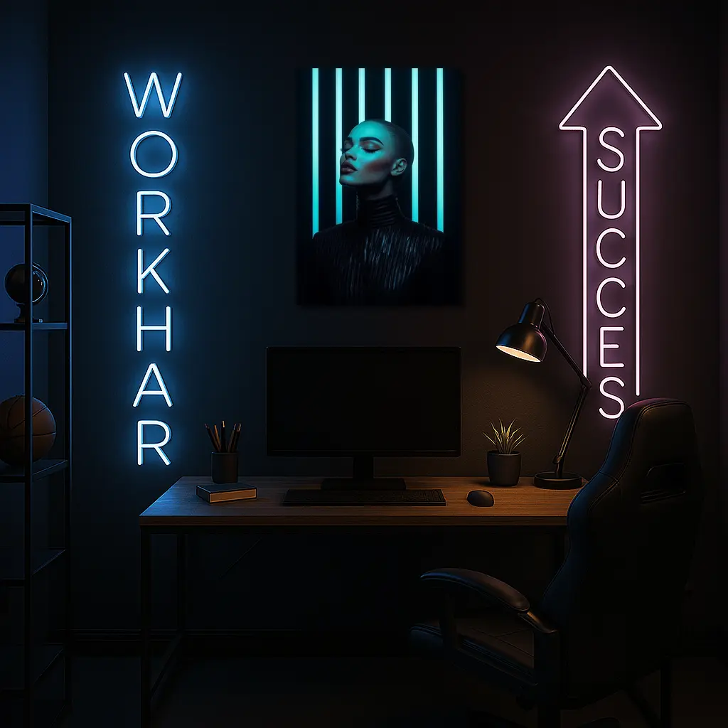 Woman Portrait Teal Neon Lights Dark Background – Wall Art