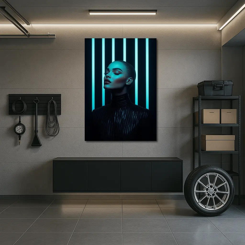 Woman Portrait Teal Neon Lights Dark Background – Wall Art