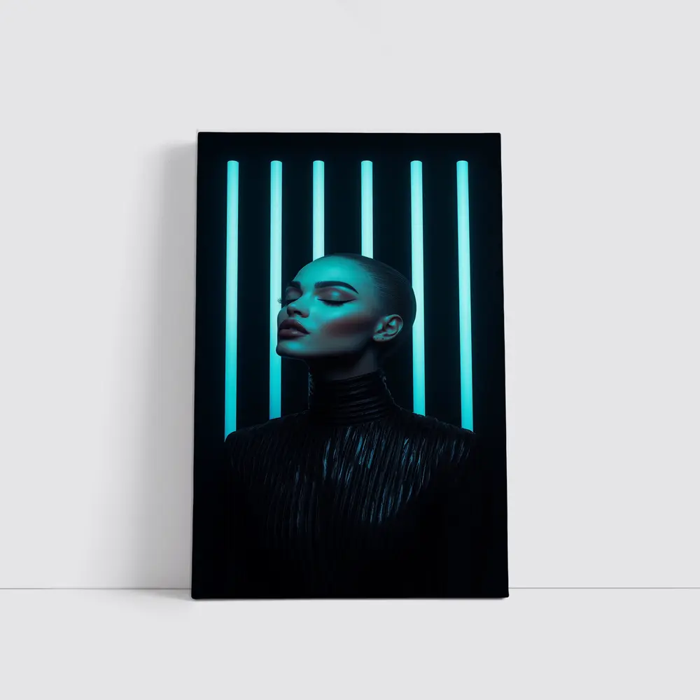 Woman Portrait Teal Neon Lights Dark Background – Wall Art